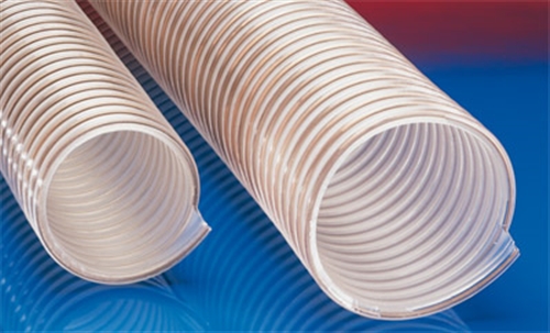 Click to enlarge - Made from a premium grade polyether polyurethane and reinforced with a sprung steel wire helix.
This first class ducting hose is designed to be used in many industries. It is food safe and permanently anti-static with very good abrasion resistance. This ducting is also very resistant to hydrolysis and is microbe resistant.

An excellent choice when encountering abrasive materials and where an anti-static hose is needed.